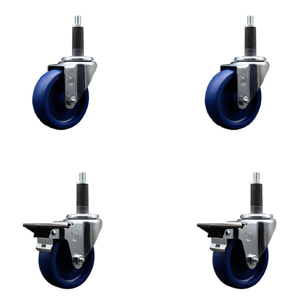 4'' Solid Poly Wheel Swivel 1'' Expanding Stem Caster Set 2 Brakes, 4PK